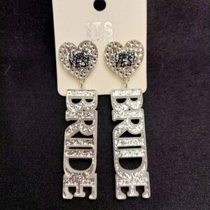 NEW "BRIDE" Silver Glitter Acrylic 3in Long Dangle Earrings